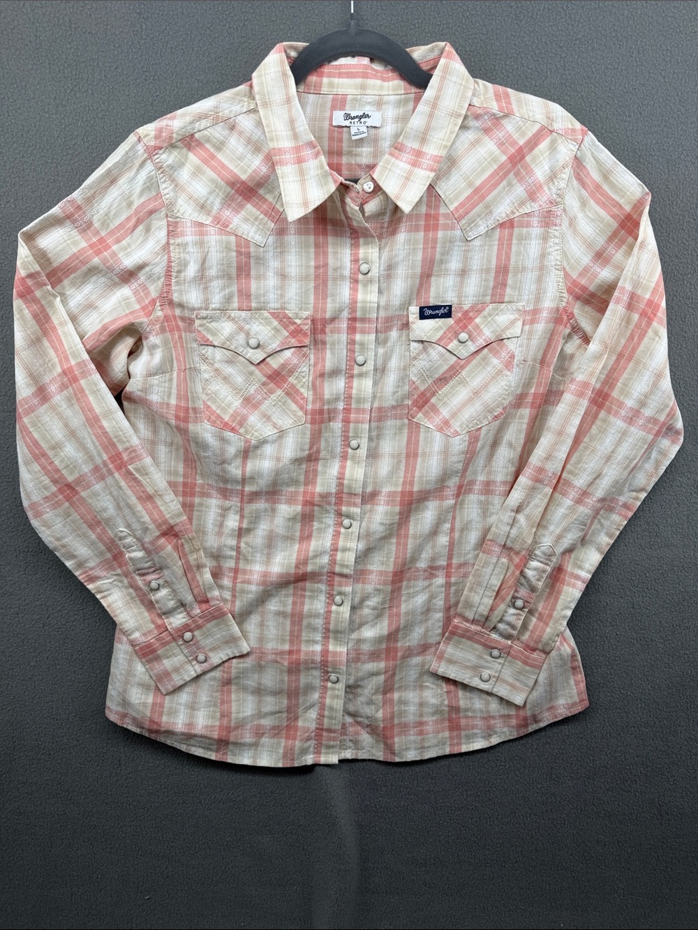 Wrangler Retro Boot Barn Peach Plaid Pearl Snap Western Shirt Womens L. A23